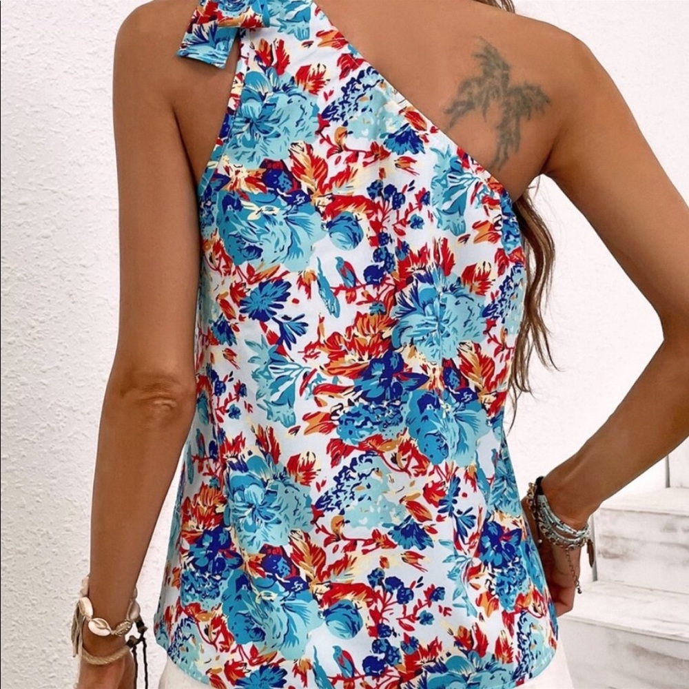 Boho Floral Print One Shoulder Top Blouse - Picture 6 of 15